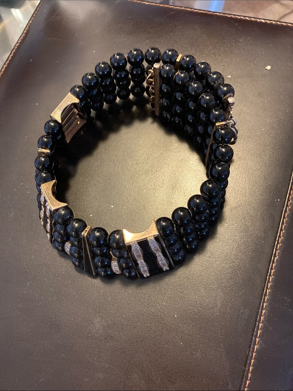 Black Beaded Stretch Bracelet with Gold Accents